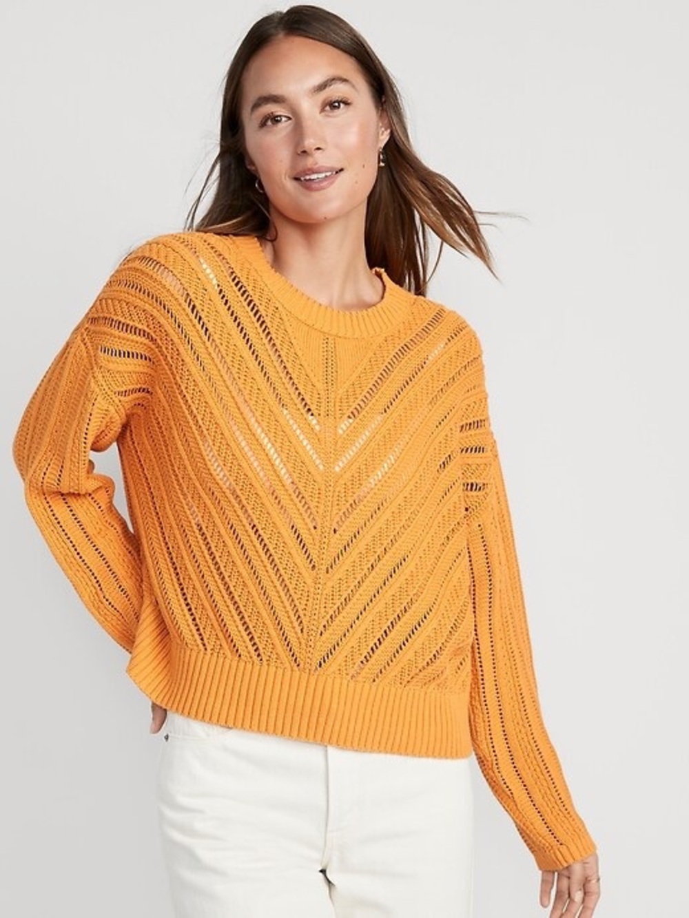 Old Navy Open-Knit Scoop Neck Cotton Sweater in Bright Marigold